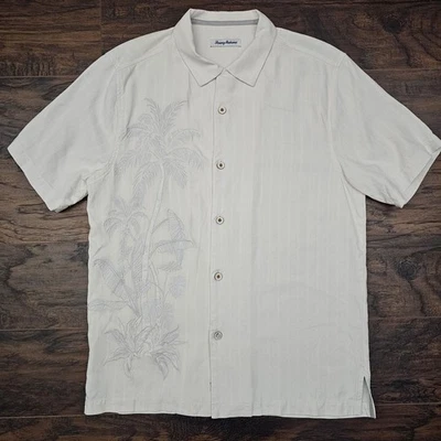 Camisa hawaiana Tommy Bahama blanca mediana 100 % seda palmeras botones frente Foto 1 de 4