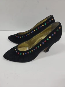 Vintage Escada 8 B Suede Heels Black Multi Color Gem Embellishment - Picture 1 of 7