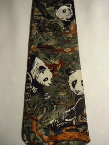 Lost Kingdom Tie Tan Brown Green Black White Panda Bears 58.5" - Picture 1 of 2