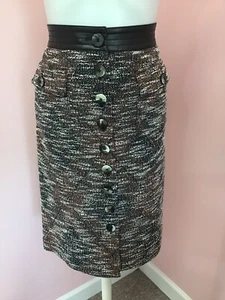 NEW $398 WORTH 4 6 Medium Brown Tweed Leather Designer Womens Button Skirt NWT - Picture 1 of 12