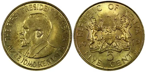 Kenya Nickel-Brass 1975 5 Cents 25.5 mm UNC Llantrisant Mint KM# 10 (21 262) - Picture 1 of 3