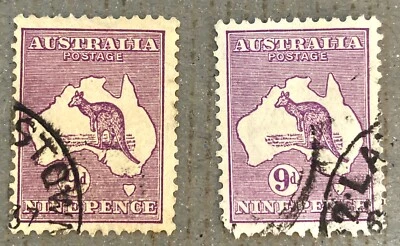 Australia 9 / Lote de 2 estampillas de canguro púrpura y mapa 9p, usadas Foto 1 de 2