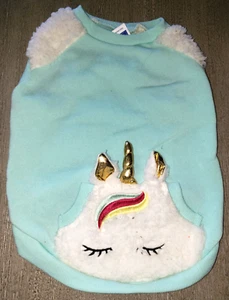 SUÉTER MUJER CACHORRO PERRO TOP AQUA UNICORNIO POLAR talla MEDIANO CUERNO DORADO LINDO! - Imagen 1 de 2