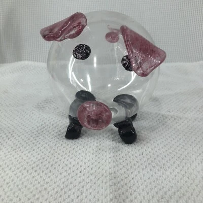 Glass Piggy~Collectible Hand Blown Art Glass Clear Pink Black 5x5 - Image 1 of 4
