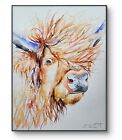 New large original signed watercolour art painting by Elle Smith Highland Cow