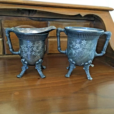 Pairpoint Mfg. Quadruple Plate Footed Silver Sugar Creamer Waste Vase Handles - Image 1 of 4