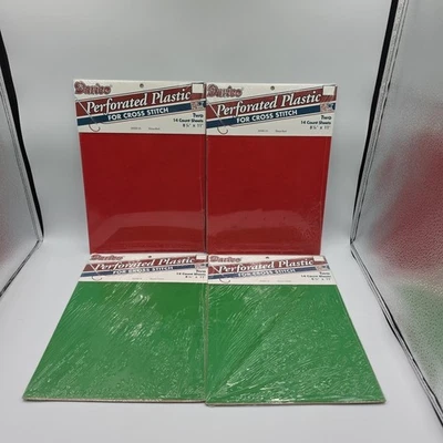 Darice Perforated Plastic Cross Stitch Sheet 14 Count Red(2) Green (2) Lot - Image 1 of 4
