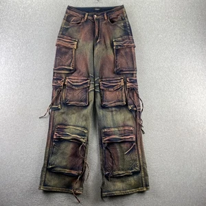 NWT American Bazi Small Brown Cargo Pants Distressed Wide Leg Multi Pocket - Picture 1 of 8