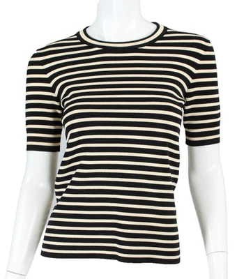 GUCCI Black & Ecru Striped Crepe Knit Crew Neck Short Sleeve Top XS - Image 1 of 4