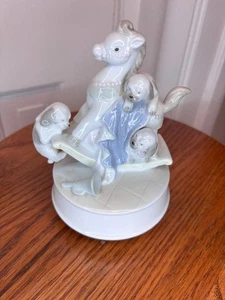 PORCELAIN GLAZED MUSIC BOX ROCKING HORSE 3 PUPPIES BY GEORGE GOOD PLAYS TOYLAND - Picture 1 of 5