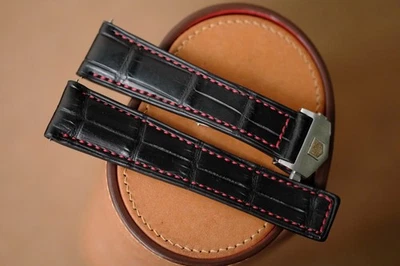 Pulseira feita à mão para Tag Heuer couro preto ponto vermelho tamanho 22/18 com fivela - Imagem 1 de 4