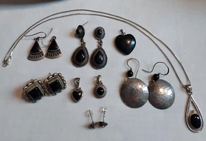 Sterling Silber Jet Onyx Ohrringe Anhänger 10 Stück *WIE GELESEN* - Bild 1 von 7