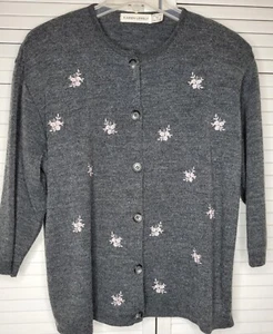 Karen Lessly Gray w/ Pink Embroidered Roses Button Front Cardigan Sweater Sz: 1X - Picture 1 of 9