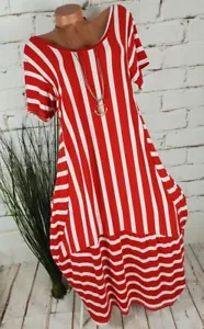 NEU ITALY LANGES SOMMER KURZARM KLEID MARITIM ⚓️ GESTREIFT WEIß/ROT 38-42 - Bild 1 von 6