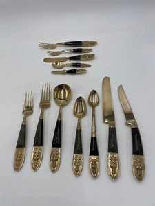 Vintage Y Thailand 156 Piece Flatware Set Gold Tone Nickel Bronze Wood Case Bags - Picture 1 of 24