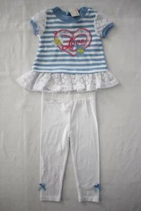 NEW Baby Girls 2 piece Outfit 12 Months Blue Striped Top White Leggings Set Love - Picture 1 of 3