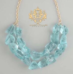 Aqua Blue Quartz Rough Beaded Chunky Statement Necklace Turquoise Jewelry Gold