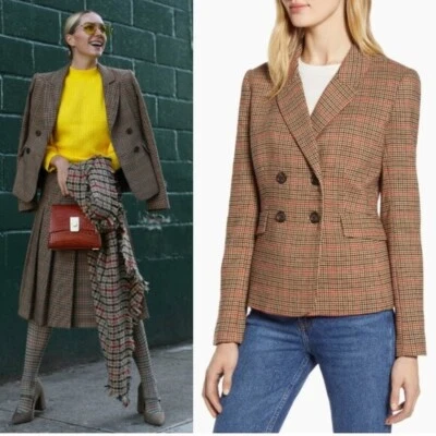 Blazer HALOGEN x ATLANTIC-PACIFIC Peplum Plaid Doble Pecho Marrón Talla 22 Foto 1 de 4