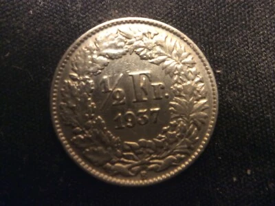 1937 B, .835 Silver, 1/2 Franc, Helvitia - Image 1 of 4
