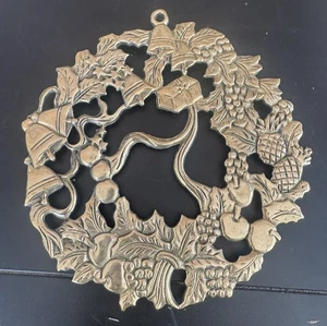 Vintage Brass Christmas Wreath Trivet or Wall Hanging Mid Century Holiday Decor - Picture 1 of 3