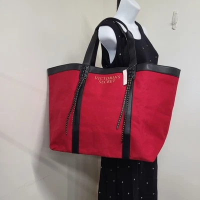 *NWT* Victoria's Secret Canvas Tote/Beach/Duffle Bag Red/Black 23" X 13.5" X 7"  - Image 1 of 4
