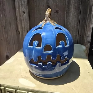 Blue Halloween Pottery Jack-O'-Lantern Pumpkin By Stephen Harrison | 9" x 6.5" - Picture 1 of 6