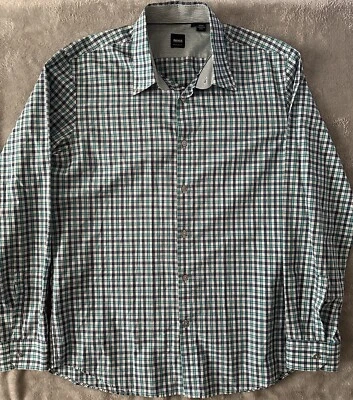 Camisa masculina Hugo Boss com botão frontal xadrez grande manga longa azul verde - Imagem 1 de 4