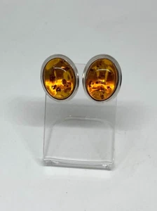 Sterling Silver Amber Earrings Clip On 925 Oval Baltic Statement - Picture 1 of 16