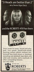 Anuncio impreso vintage 1968 3 cabezales son mejores 2 Roberts 450 Rheem cubierta de cinta estéreo - Imagen 1 de 2