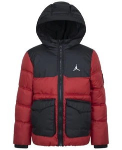 Jordan Boys' Hooded Faux Down Jacket - Black&Red-Big Kid Medium 10-12yrs DEFECT - Picture 1 of 9