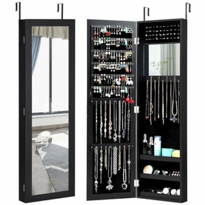 Full Length Mirror Jewelry Cabinet with Ring Slots and Necklace Hooks-Black - Co - Picture 1 of 5
