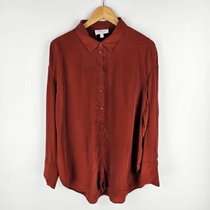 Witchery Shirt Womens 16 Longline Rust Brown 100% Silk Button Front Work Office - Picture 1 of 8