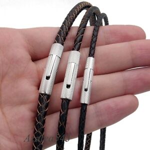 14"~40" 3/4/5MM BROWN Genuine Braided Leather Cord Stainless Steel Lock Necklace