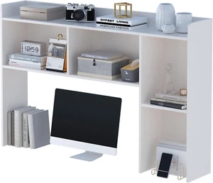 Wooden Desktop Hutch Bookshelf - Free Standing Desk Storage Shelf with Top Edge - Picture 1 of 7