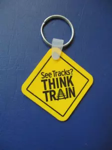 Vintage Railroad Crossing Keychain See Tracks Think Train Operation Lifesaver RR - Picture 1 of 2