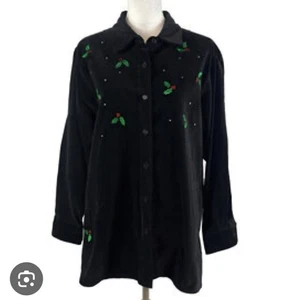 The Quacker Factory Christmas Holly "Velvet" Button-Up Women's Medium - Picture 1 of 6