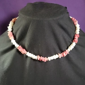 Dark Pink And White Shell Chip Necklace, barrel clasp - Picture 1 of 10