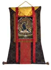 VAJRAPANI DHARMAPAL A PROTECTOR DIETY TIBETAN THANGKA PAINTING WITH SILK BROCADE - Picture 1 of 8