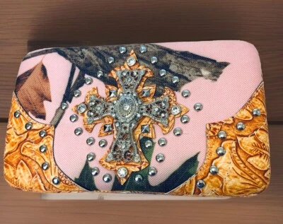 РОЗОВЫЙ КАМУФЛЯЖ серебристого тона крест чековой книжки бумажник застежки сумочки - Изображение 1 из 4