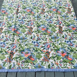 VTG Floral Satin Trim Acrylic Blanket 86x68” Twin/Full White Blu Orange Grn WOW! - Picture 1 of 10