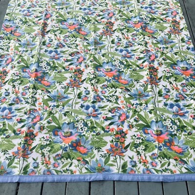 VTG Floral Satin Trim Acrylic Blanket 86x68” Twin/Full White Blu Orange Grn WOW! - Image 1 of 4