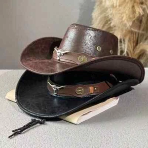 Western Männer Damen Cowboyhut Ochsenkopf Gürtel Niete Fedora Mütze Outdoor breite Krempe Kappe - Bild 1 von 8