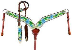 Showman bemalte blaue Blume einohrige Leder Kopfstütze & Brustkragen Set - Bild 1 von 4