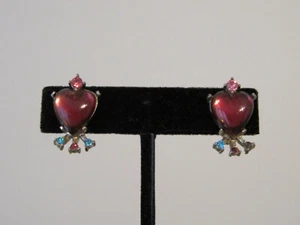 Vintage Signed Coro Pink Blue Rhinestone Red Heart Earrings~Valentine's Day! - Picture 1 of 2