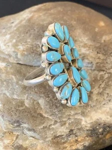 Blue Turquoise Cluster Needlepoint Navajo Sterling Silver Ring Size 8 11942 - Picture 1 of 12