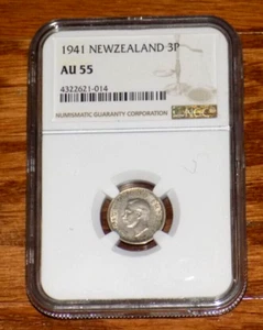 1941 New Zealand 3 Pence 3P NGC AU 55 KM-7 GRADED CERTIFIED COIN - Picture 1 of 4