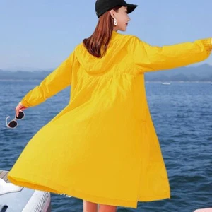 Lady Hooded Midi Jacket Sun Shirt Zip Windbreaker Dust Coat Beach Summer Jacket - Picture 1 of 20