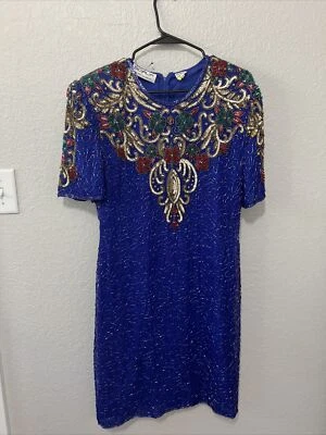 VTG Scala Silk Dress Sz XL  Blue Bead Sequin Retro Glam Holiday Y2K Heavy Party - Image 1 of 4