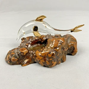 Glass Baron Dolphin Figurine on Burl Wood With Gold Accents 2.5"x6" Sea Ocean - Picture 1 of 8