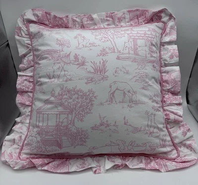 Cupcakes & Cartwheels Baby Toile Decorative Pillow Animal Ruffle Pink White New - Image 1 of 4